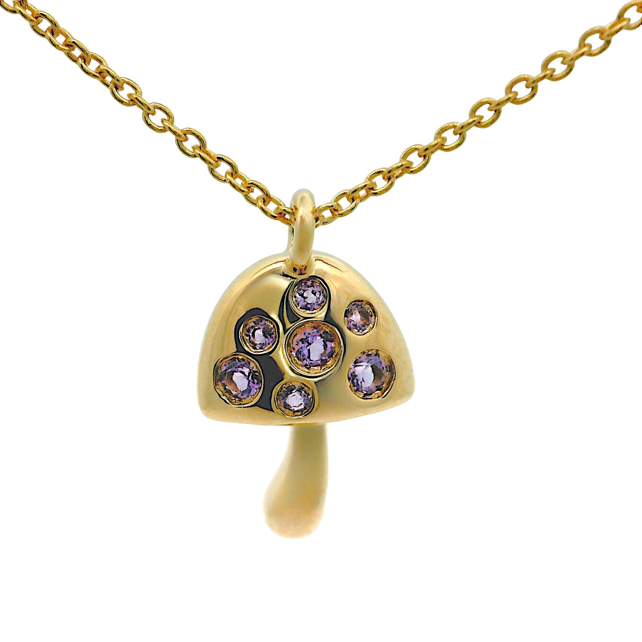 Kette mit Pilz Anhänger aus 585 Gelbgold mit 7 Amethysten